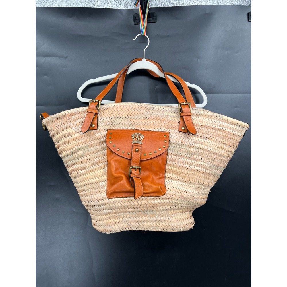 Pratesi Firenze straw rattan coastal tote bag orange Italian leather Euro summer